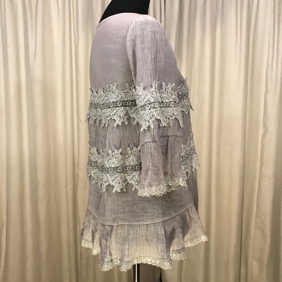 Solitaire Boho Chic Crepe Lace Blouse Small Gray - Picture 6 of 9